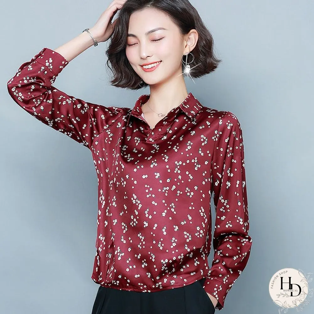 Fashionable New Long-Sleeved Retro-Print Shirt for Women-Elegant Silk Blouse for Office