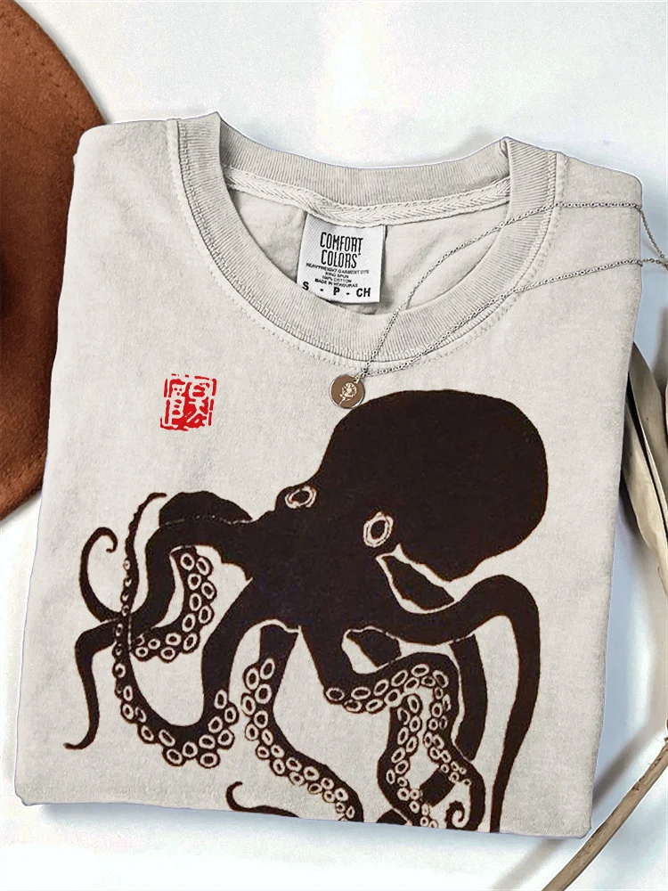 Octopus Japanese Lino Art Comfy T Shirt