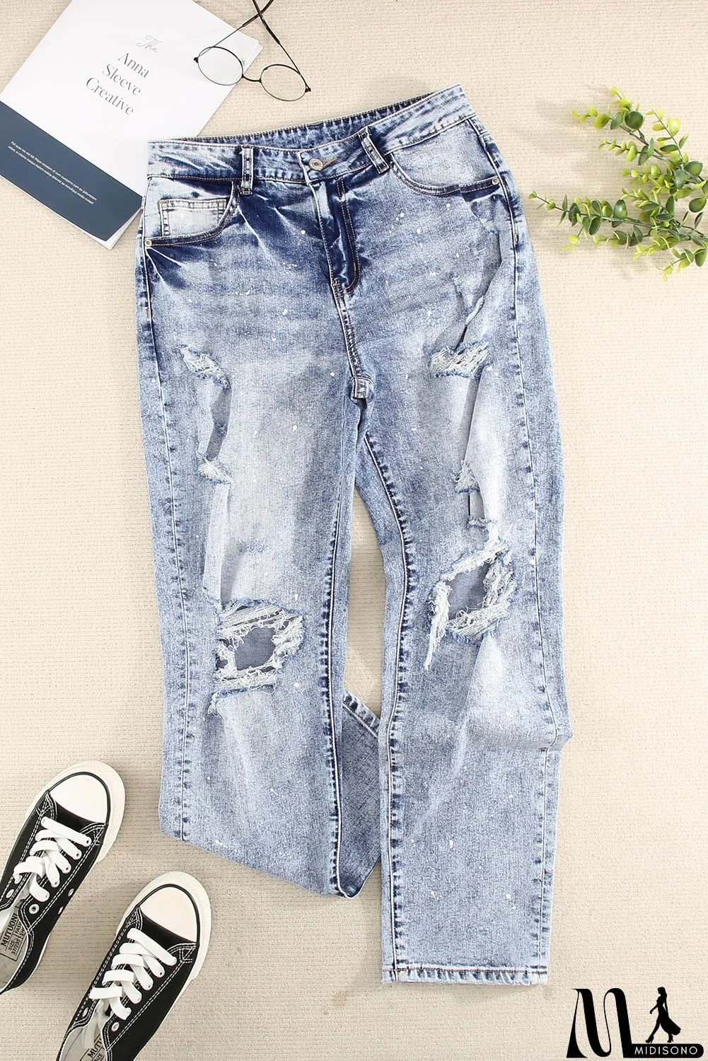 MidiSono - Distressed Faded Splatter Denim Pants