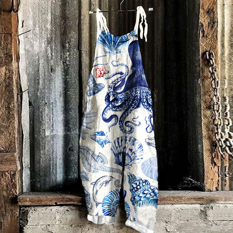Vintage Octopus Marine Organisms Print Loose Casual Jumpsuit
