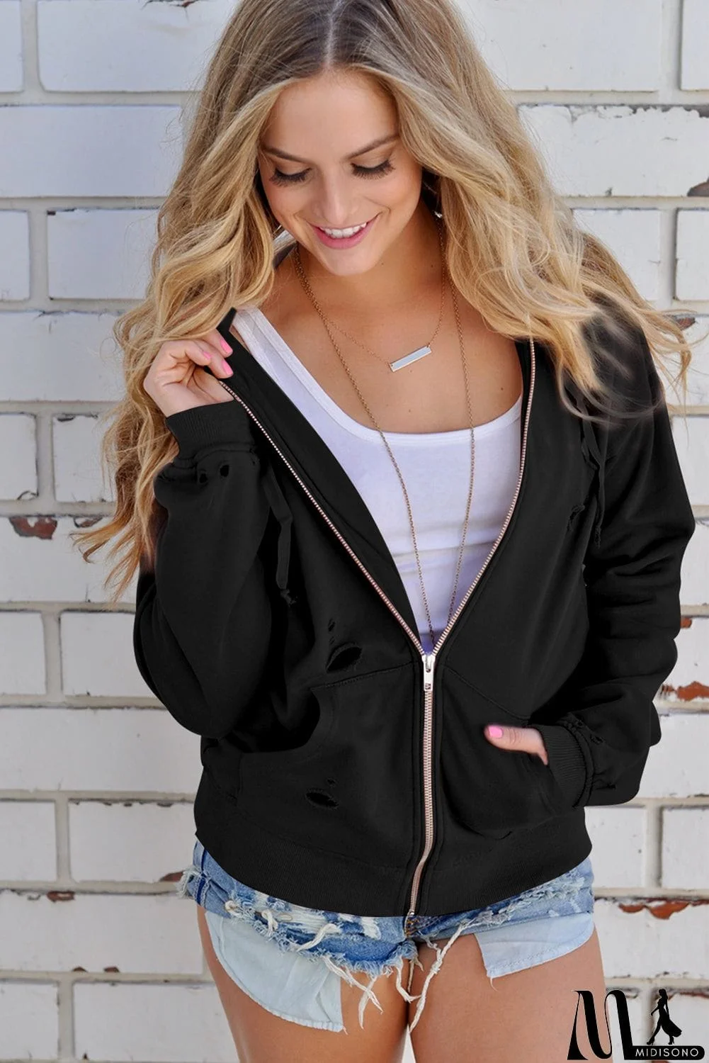 MidiSono - Ripped Zipper Pocket Hoodie