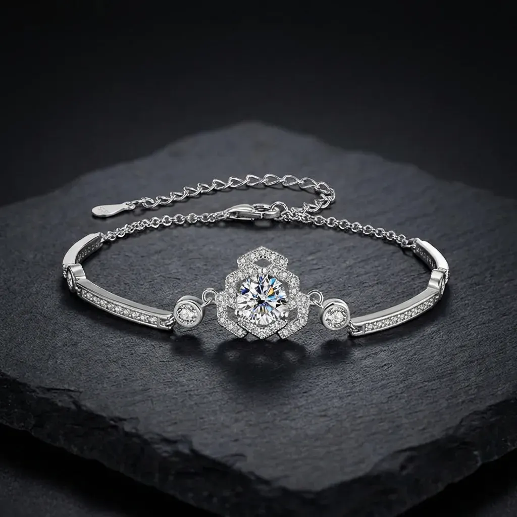JiStones Camellia Bloom 1ct Moissanite Bracelet in S925 Sterling Silver Classic Brilliant White (D Color)-Adjustable 1.0 Carat Series