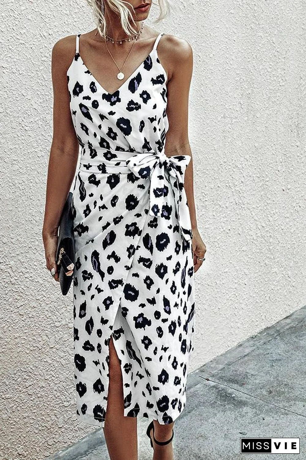 Fashionable Leopard-print Strapped Backless Midi Dress P11759