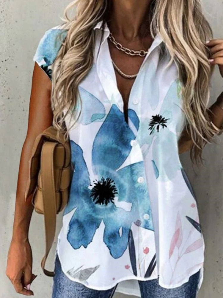 Women Short Sleeve Shirt Collar Floral Printed Graphic Button Top Shirts