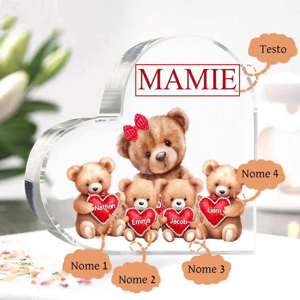 MAMMA Decorazione acrilica con 4 orsacchiotti a forma di cuore 4 nomi e 1 testo personalizzati per mamma/nonna