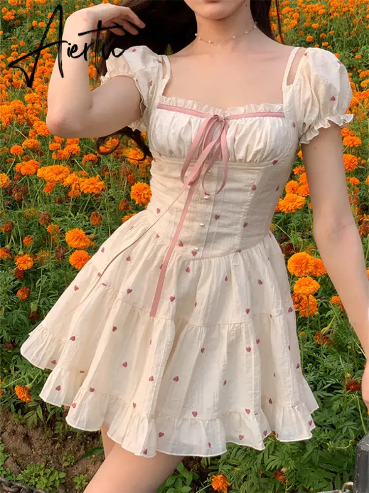 Aiertu  Summer Floral Short Party Dress Women Casual Kawaii Clothing Y2k Mini Dress Office Lady Elegant One Piece Dress Korean Chic Aiertu