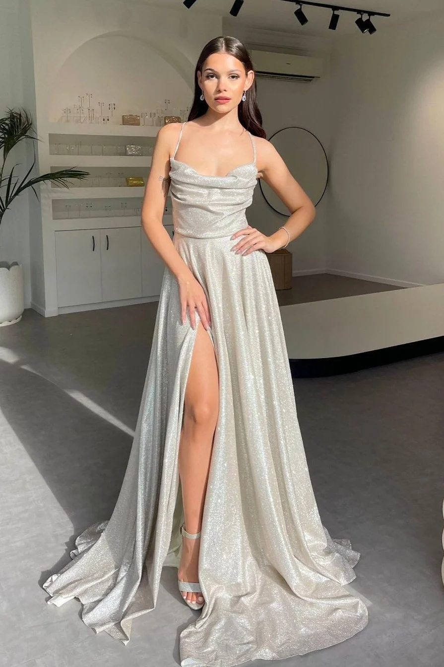 Lvs&Broner Halter Sleeveless Long Split Prom Dress With Pleated Sequins
