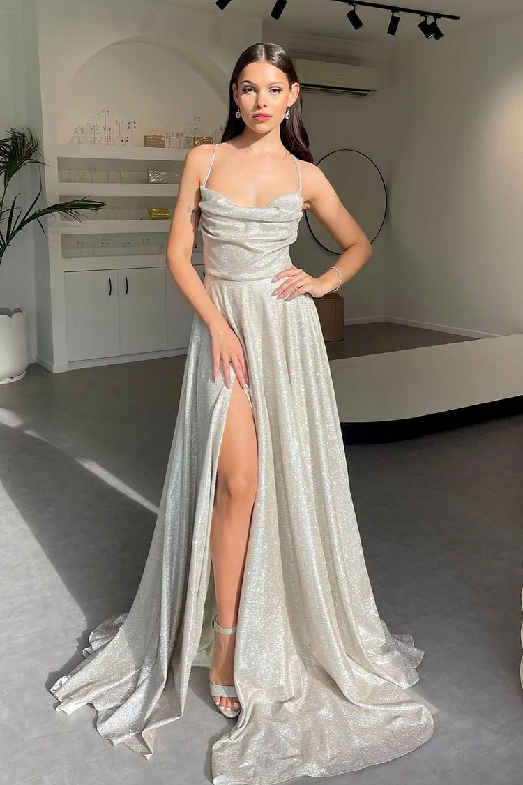 Hellodresses Halter Sleeveless Long Split Prom Dress With Pleated Sequins