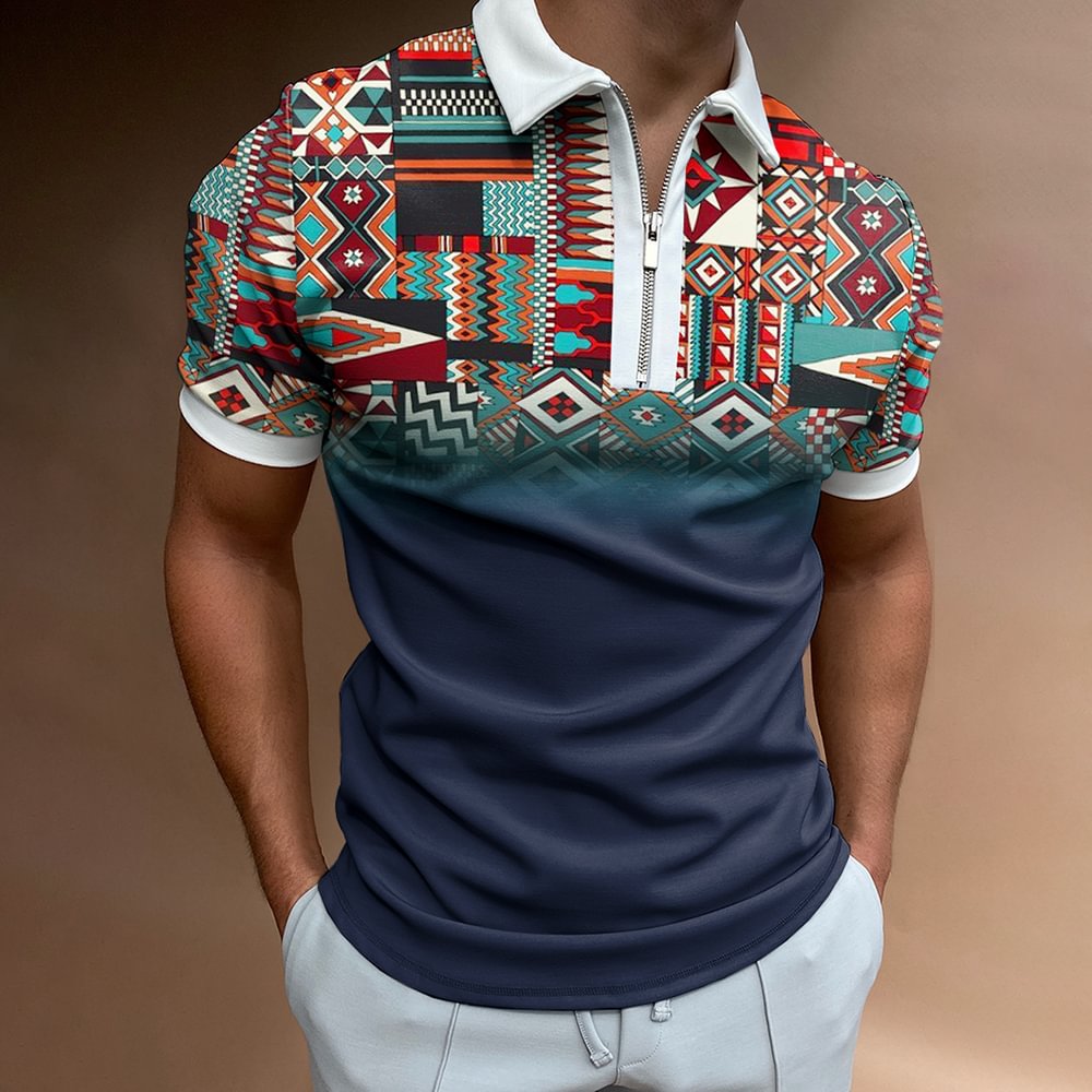 Men's Casual Western Ethnic Pattern Print Short Sleeve Zipper Polo Shirt、、URBENIE