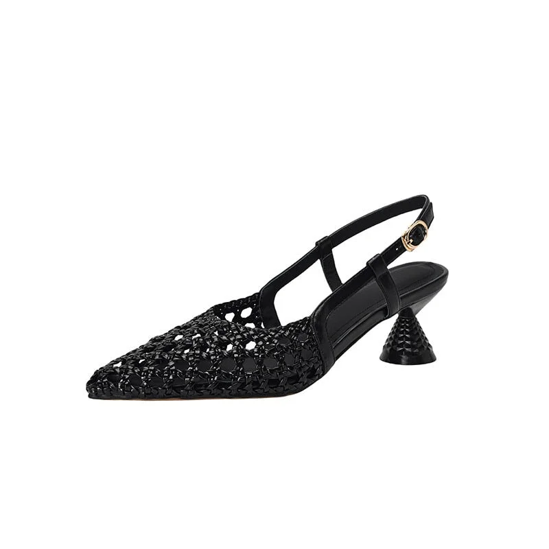 Women's Kitty Heel Woven Leather Point Toe Slingback Pumps Sandals