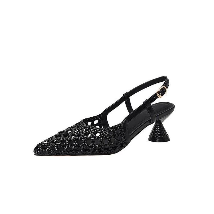 Women's Kitty Heel Woven Leather Point Toe Slingback Pumps Sandals