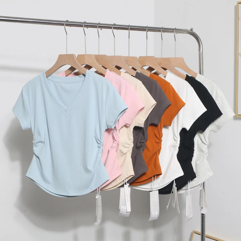 Uveng Recommended For The Summer V-Neck Front Shoulder Short-Sleeved T-Shirt For Girls Slimming Hottie Drawstring Irregular Top 2899