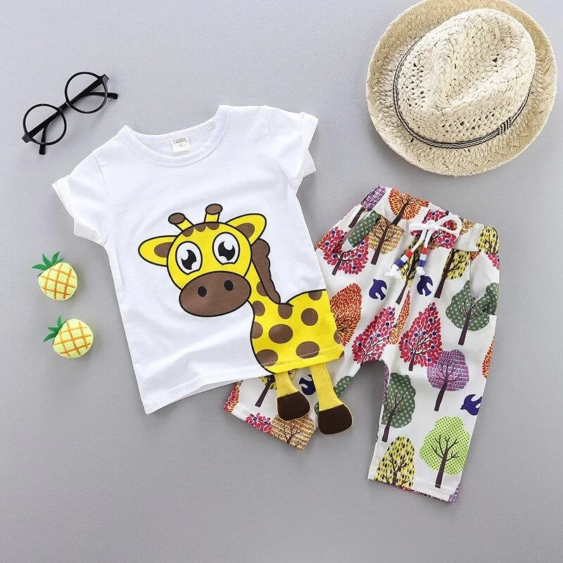 Summer Kids Clothing for Boys Girls Short Sleeve Set Fashion Children Giraffe Outfits Cotton T-Shirt + Printed Shorts Cute Kits