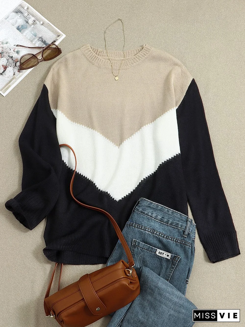Contrast Color Long Sleeve O-neck Loose Sweater For Women