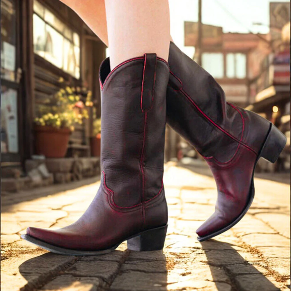 Black & Red Faux Leather Snip Toe Mid Calf Chic Cowgirl Boots
