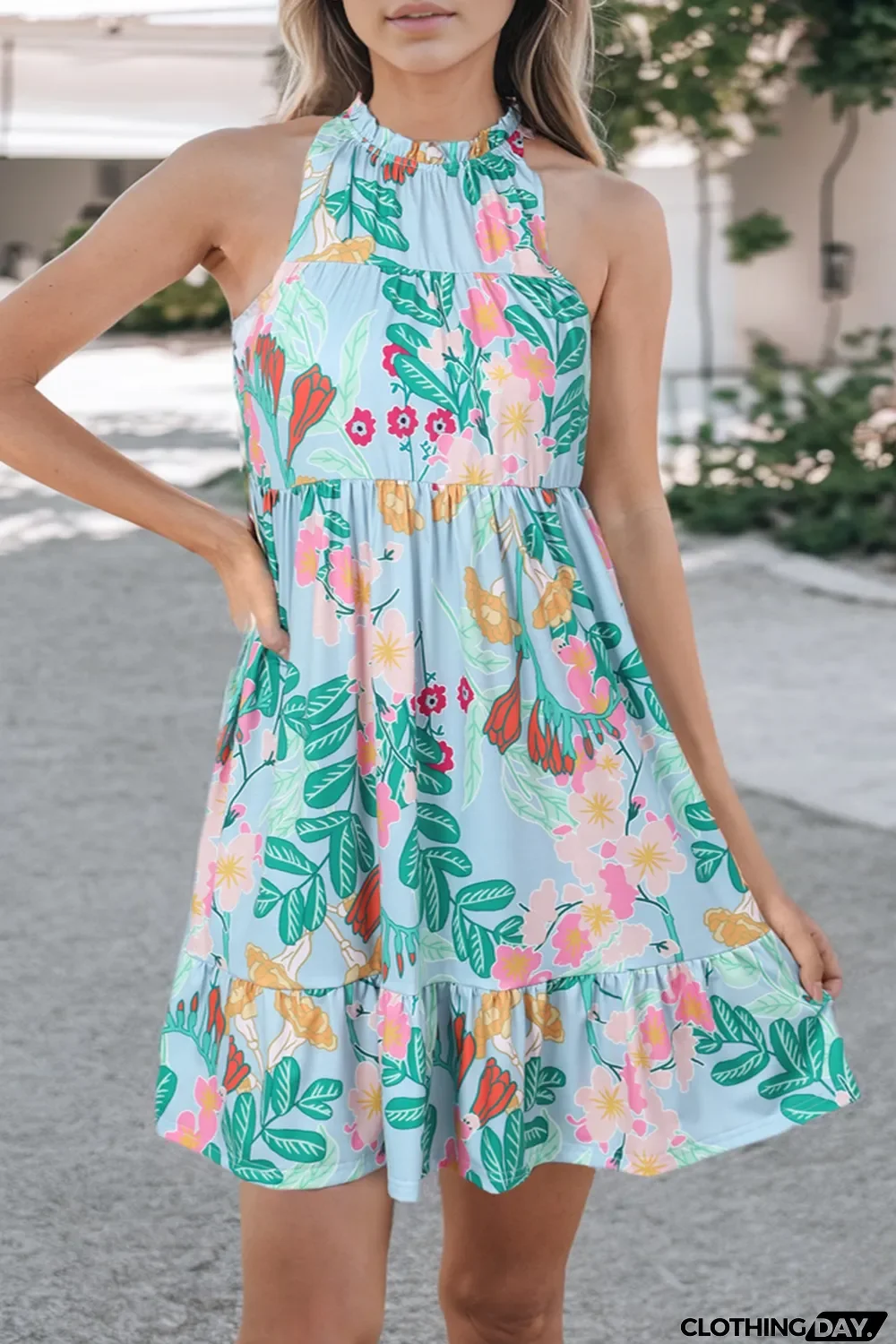 Sky Blue Floral Print Ruffled Lace-up Mock Neck Mini Dress