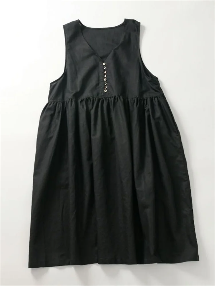Vintage Button Up Pleated Pinafore Maxi Dress