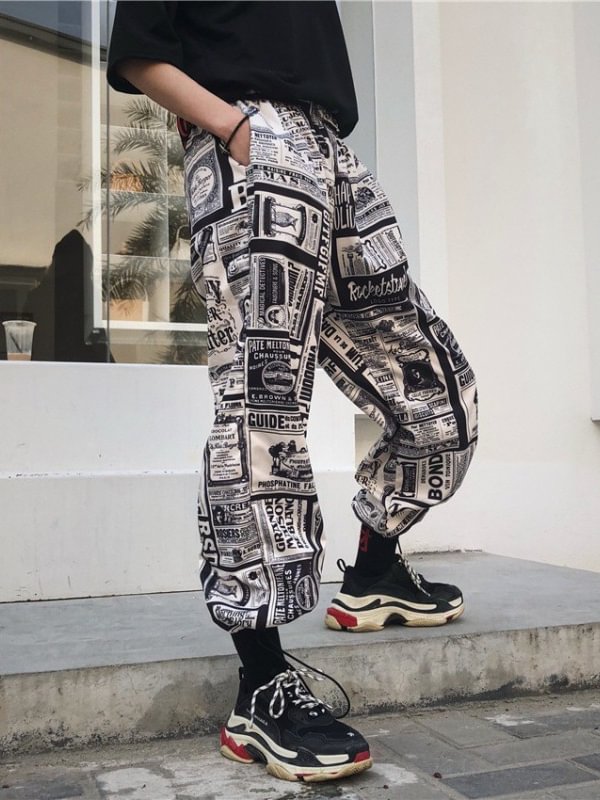 Street Fashion Newspaper Printed Ankle Banded Pants
