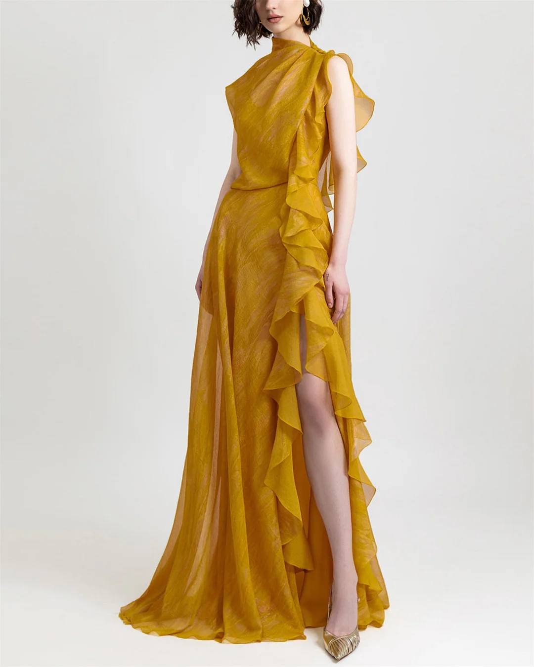 Women's Yellow Sleeveless Slit Ruffle Dress