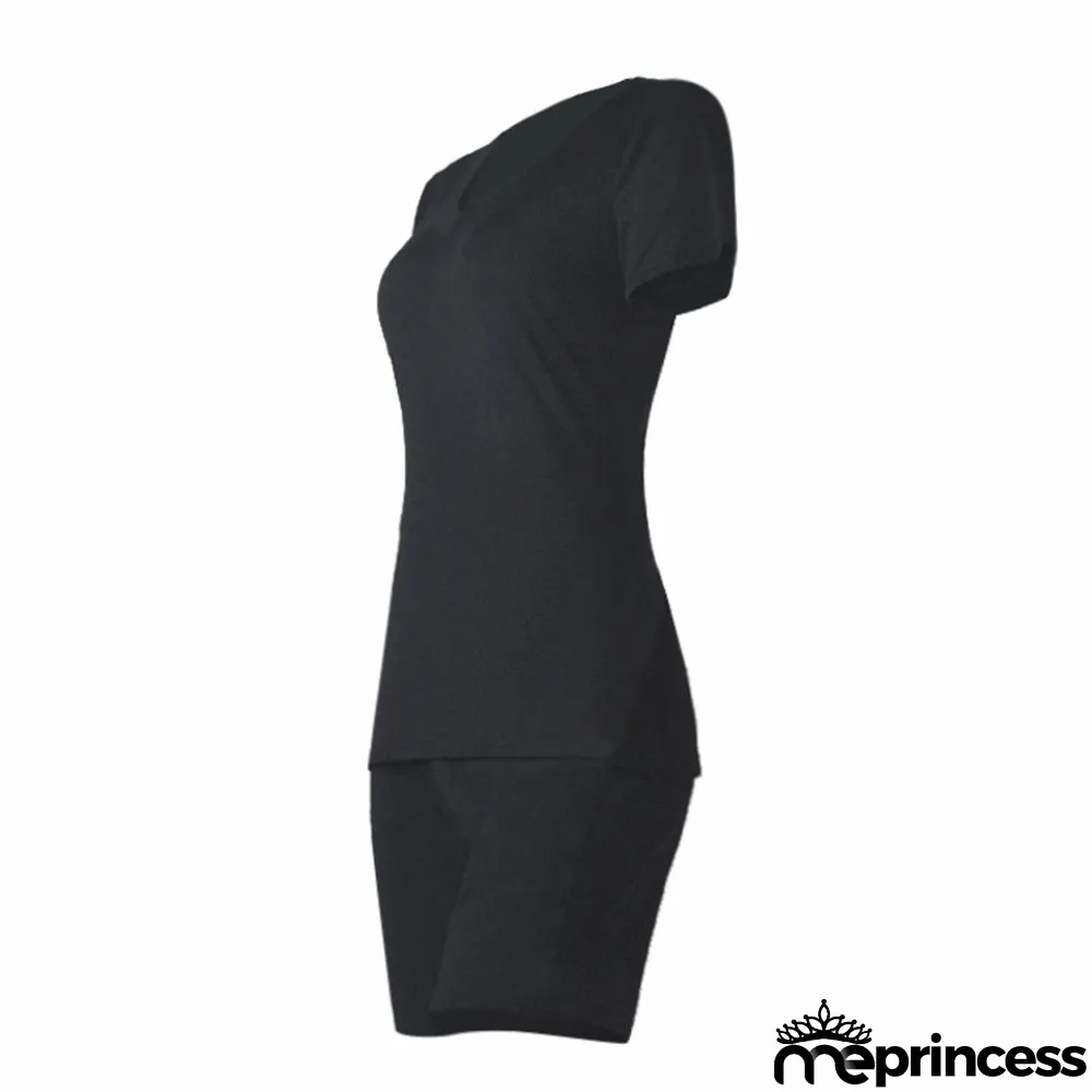 Plus Size Solid V Neck T Shirt And Shorts 2 Piece Sets