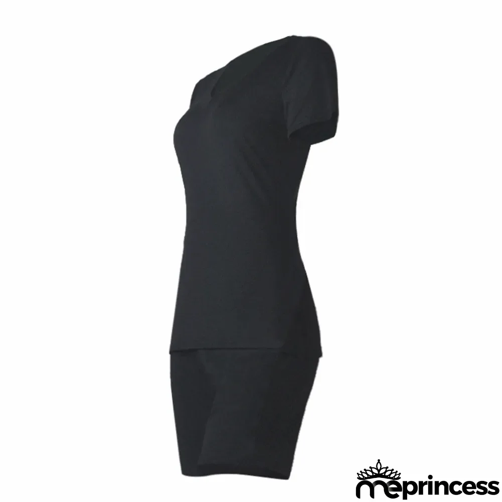 Plus Size Solid V Neck T Shirt And Shorts 2 Piece Sets