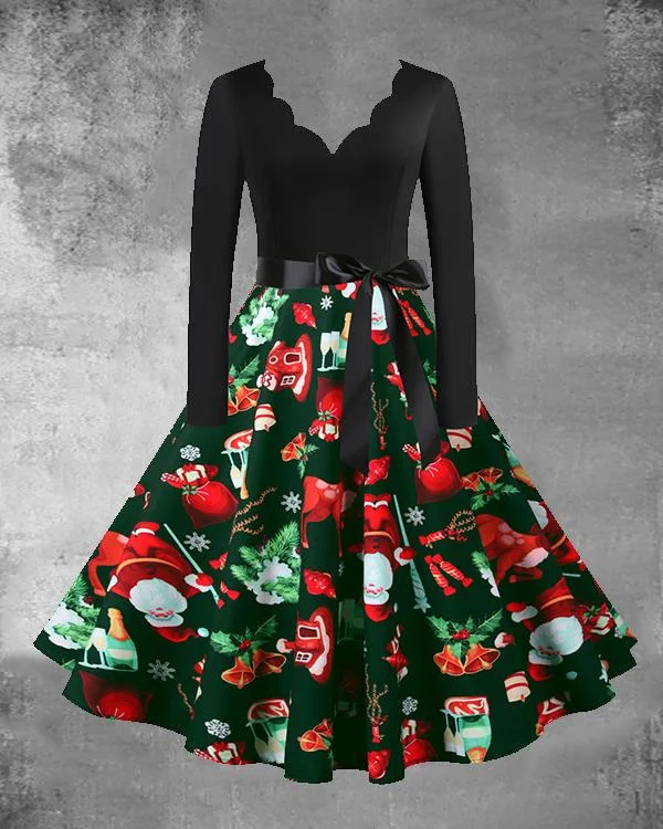 christmas print v neck long sleeved midi dress with waistband 8 patterns p472920
