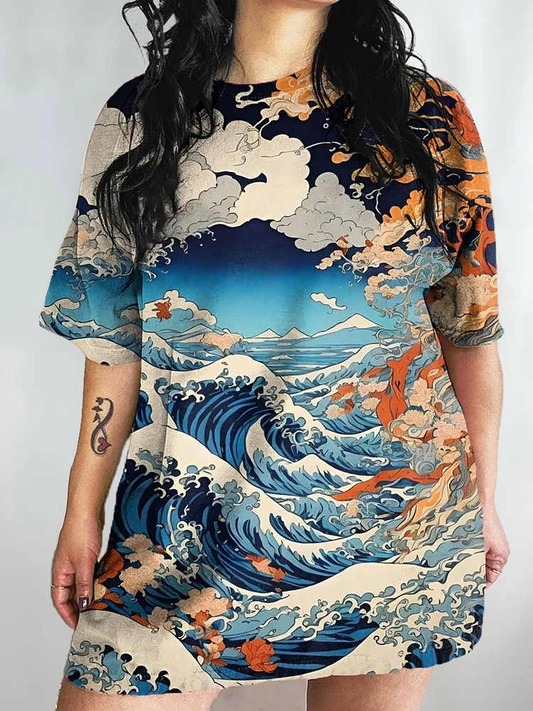 Women's Japanese Art Print Crew Neck Causl Shirt