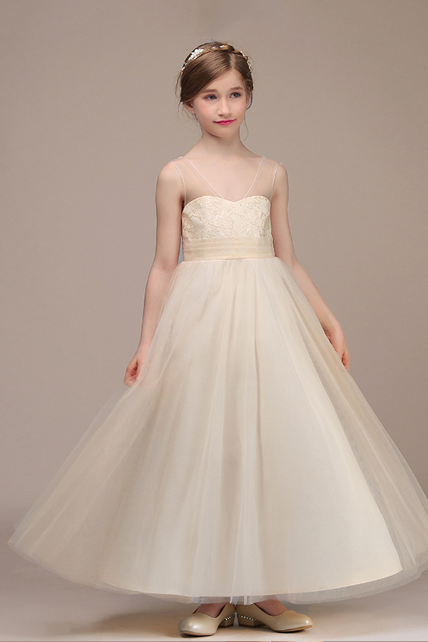 Bellasprom Princess Sheer Straps Sleeveless Flower Girl Dress Tulle with Lace Bellasprom