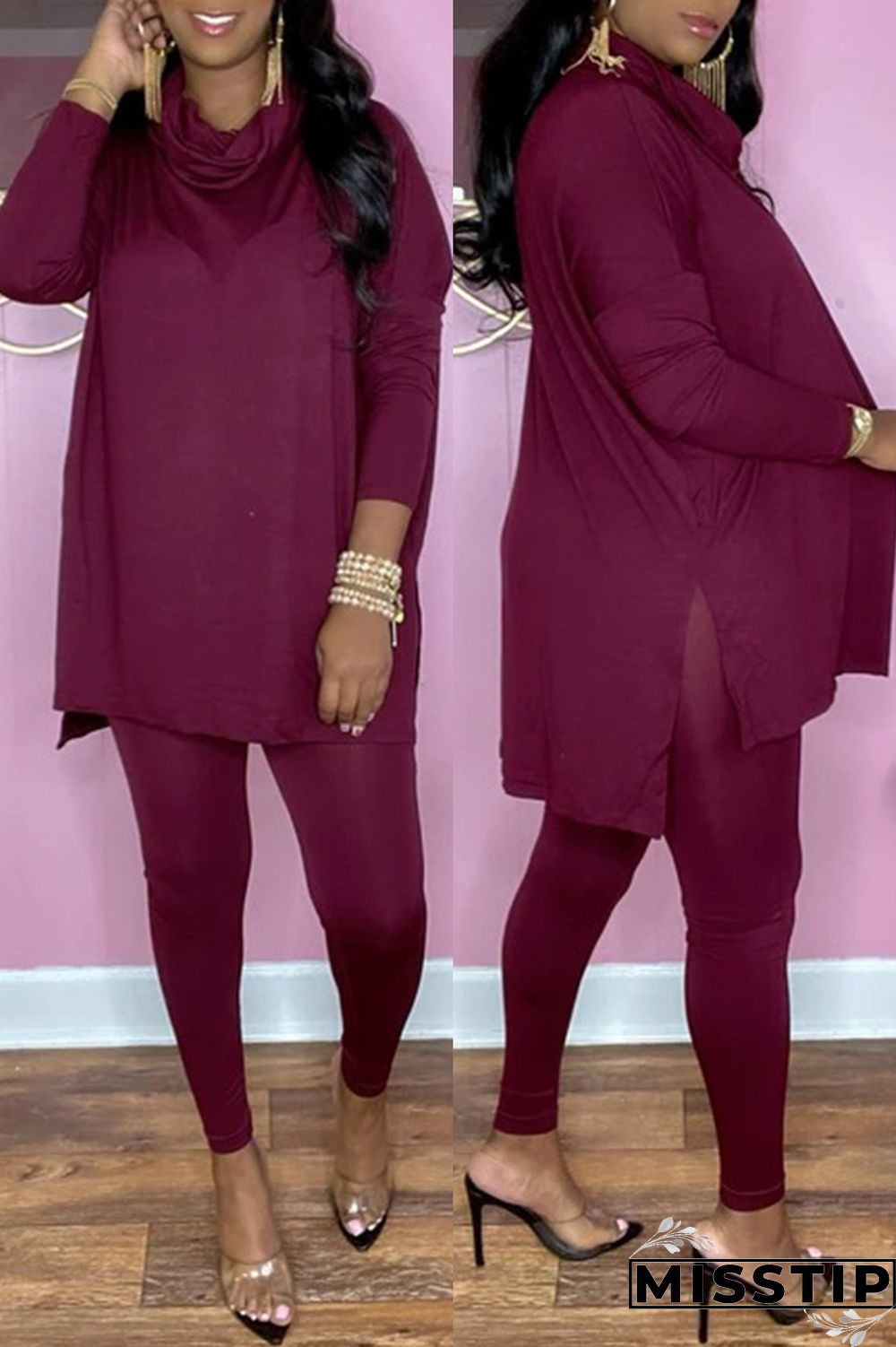 Black Fashion Casual Solid Basic Turtleneck Long Sleeve Two Pieces