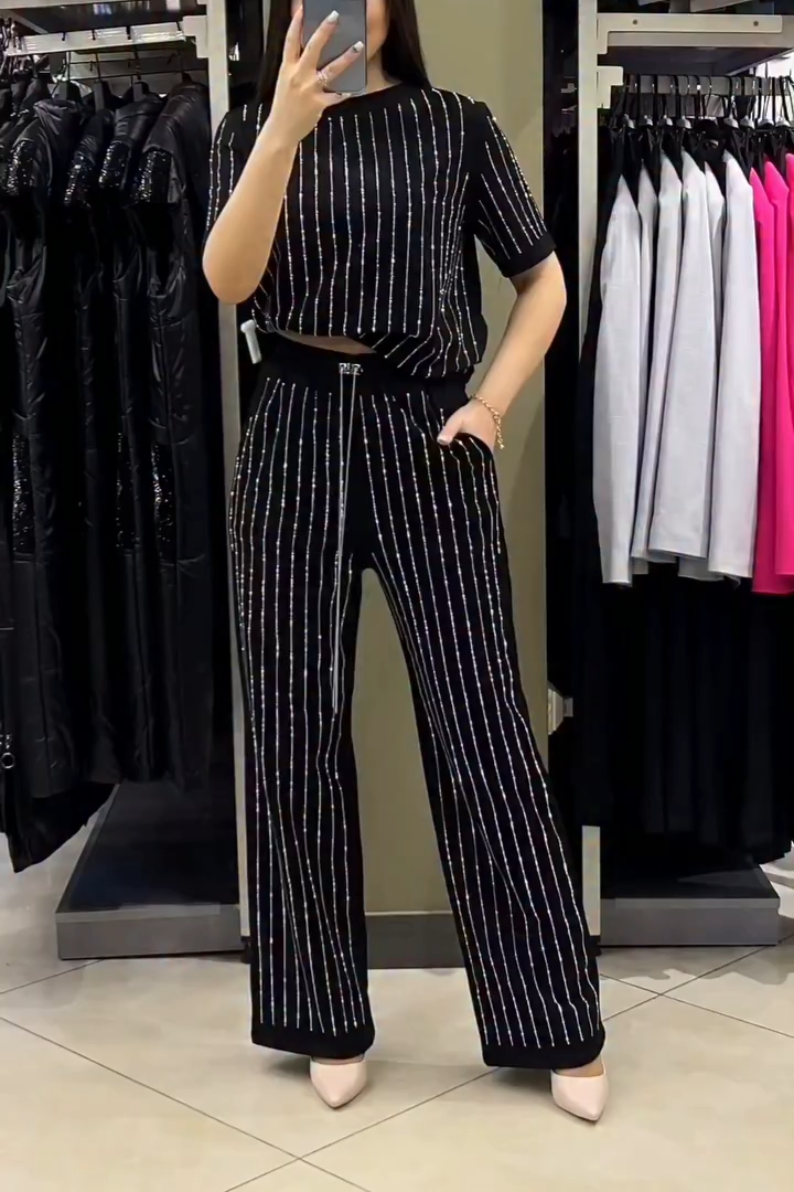 🤩Women's round neck rhinestone short sleeve two piece suit