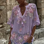 Women's Spring Floral Embroidered Art Print Flowy Linen Blend Casual Tops - Image 8