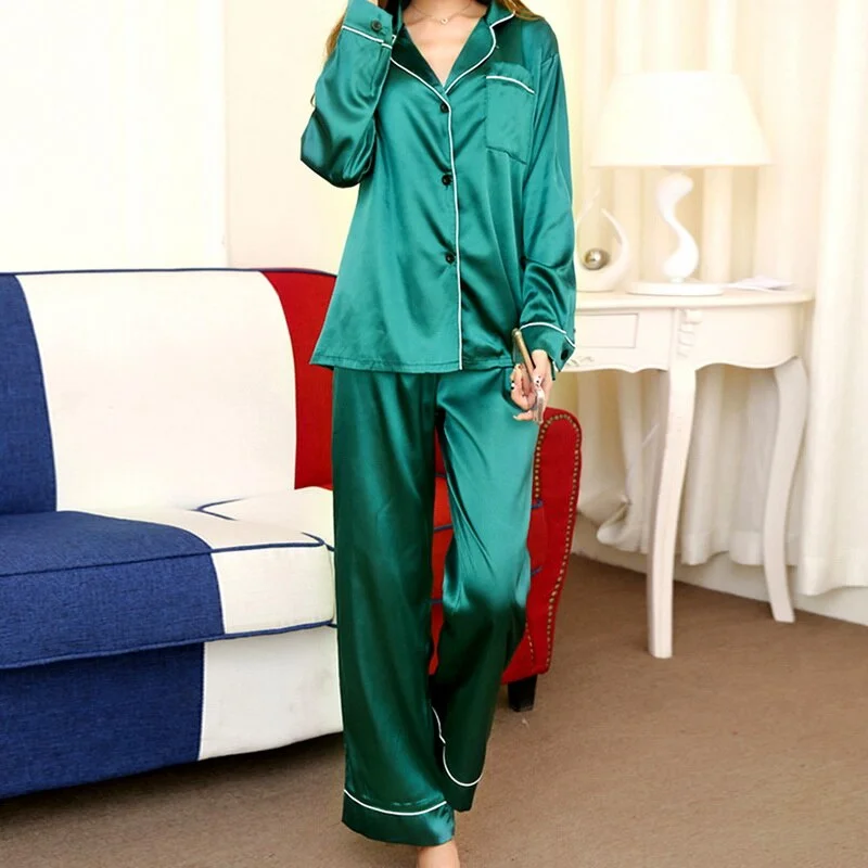 2021 Spring Silk Satin Woman Set Pajamas Pyjamas Long Sleeve Sleepwear Pijama Suit Female Sleep Two Piece Loungewear Plus Size