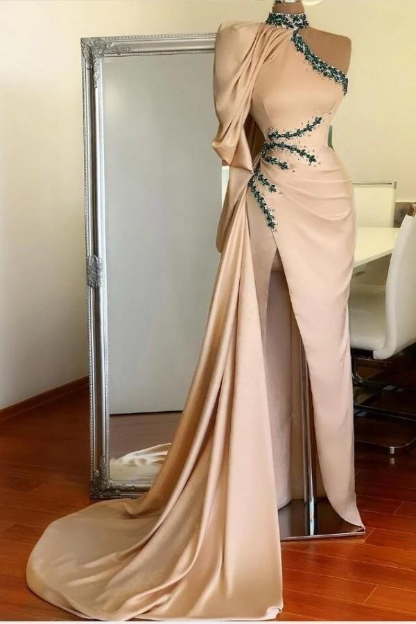 Luluslly One Shoulder Long Sleeves Beadings Mermaid Prom Dress