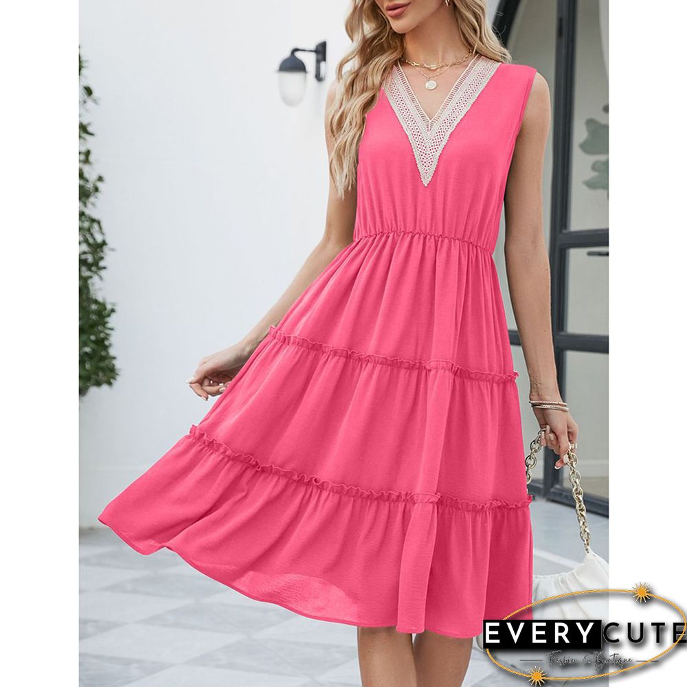Rose Lace V Neck Tiered Sleeveless Casual Dress