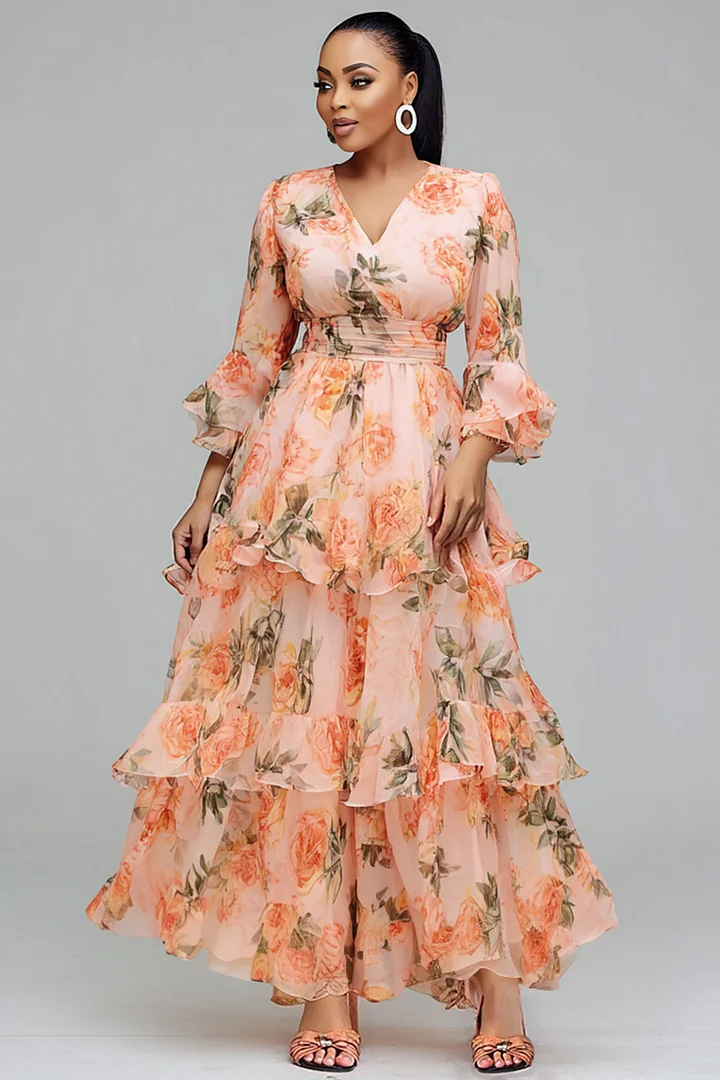 Xpluswear Design Plus Size Wedding Guest Peach All Over Print V Neck 3/4 Sleeve Ruffle Tiered Chiffon Maxi Dresses 2024 - Xpluswear