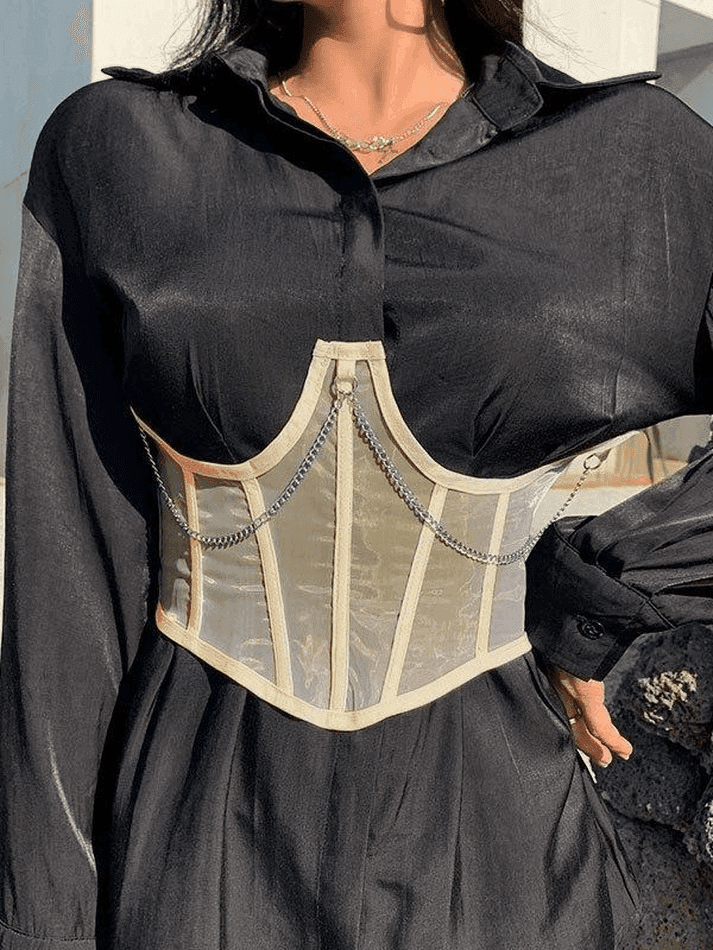 Brownm Chain Embellished Mesh Corset Top