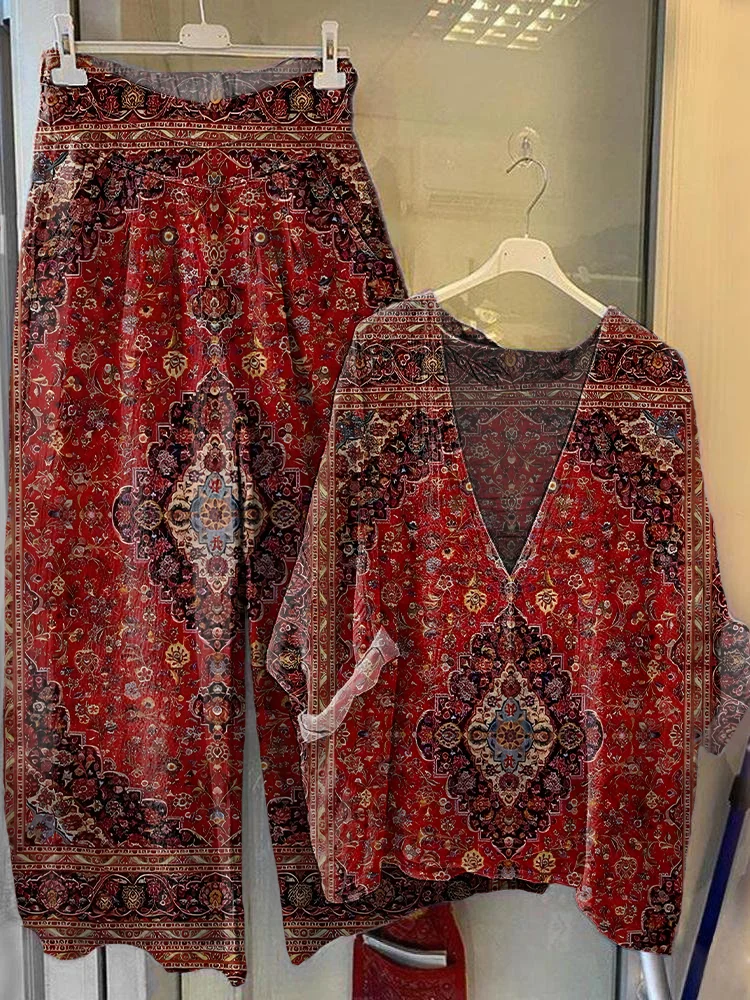 Women's Vintage Ethnic Floral Art Printed V-Neck Top Wide-Leg Pants Cotton Linen Suit