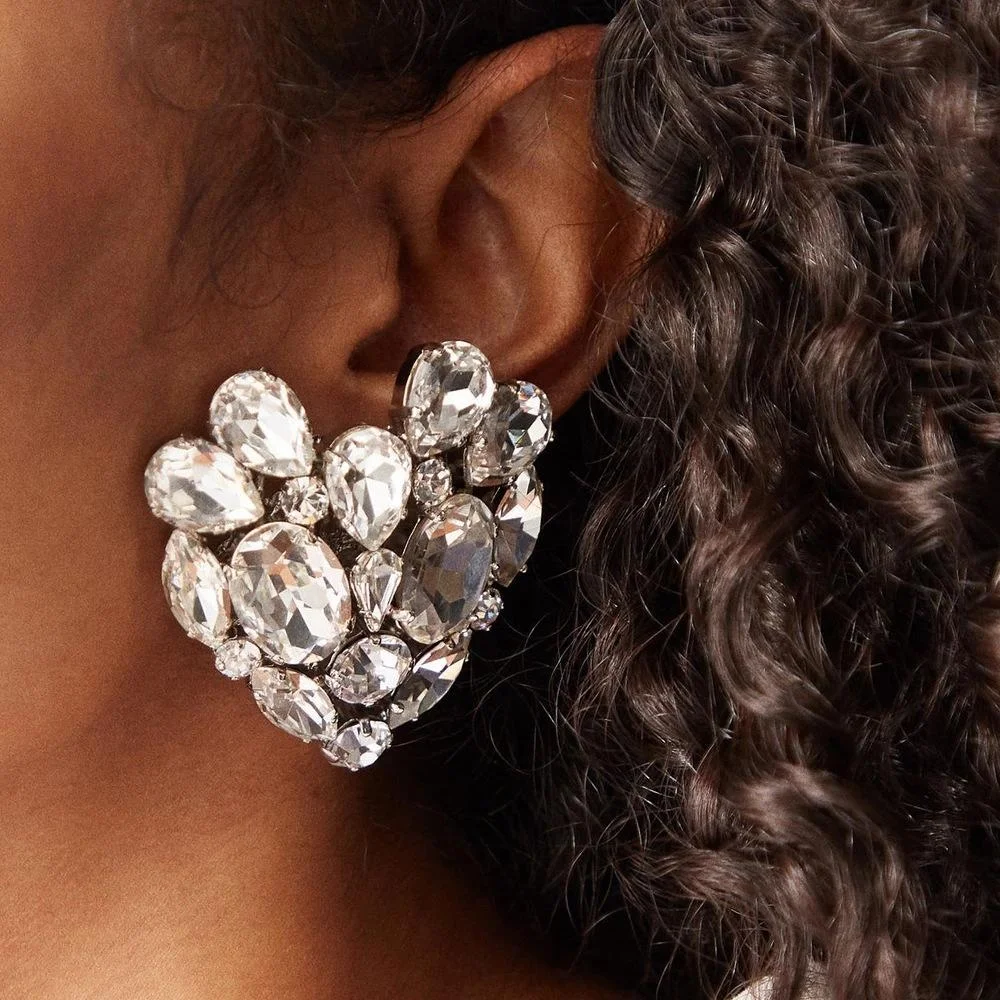 Luxury Rhinestone Big Water Drop Heart Ear Clip Earrings Wedding Jewelry for Women