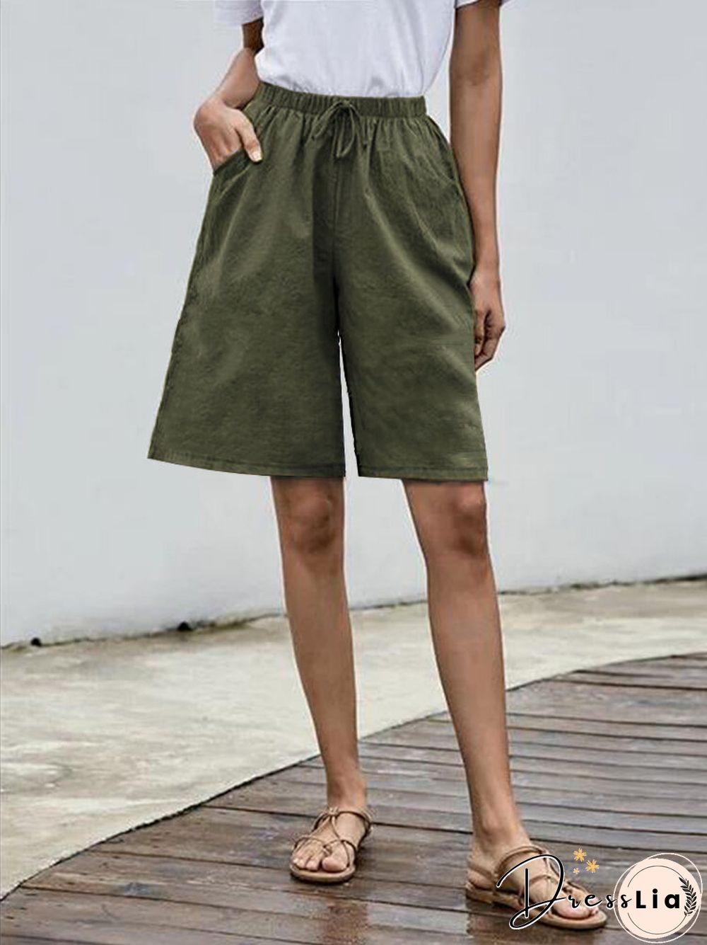Solid Color Elastic Waist Drawstring Casual Shorts