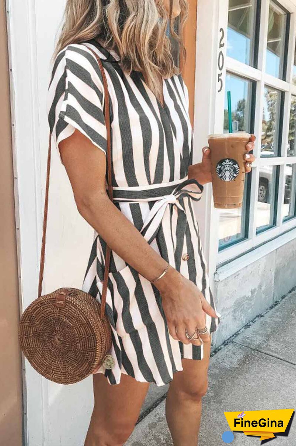 V-neck Button Striped Dress ( 2 Color)