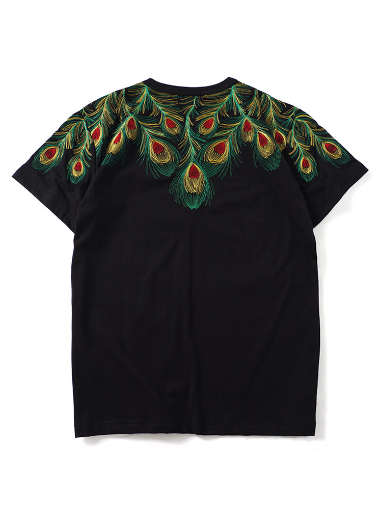 Comstylish Embroidered Peacock Feathers Art T-shirt