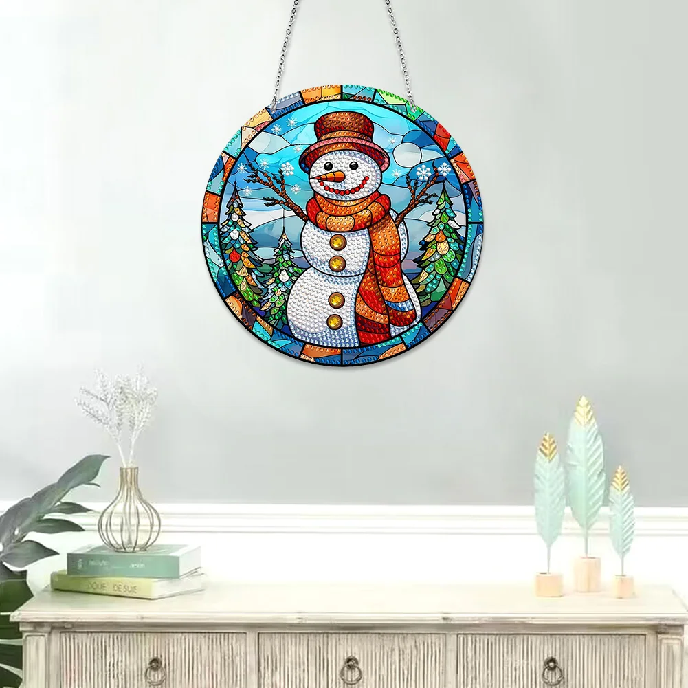 DIY Snowman Diamond Stained Glass Style Hanging Decoration Double Side Home Garden Decoration