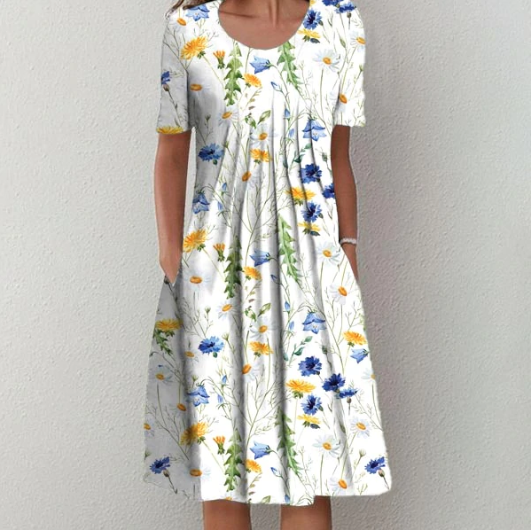 Yellow and Blue Floral Short Sleeve White Pleated Midi Dress  LILYELF