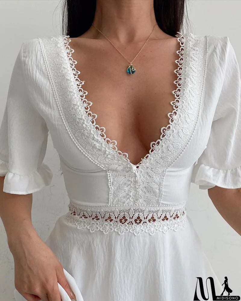 MidiSono - Casual White Deep V-Neck Lace Jumpsuit