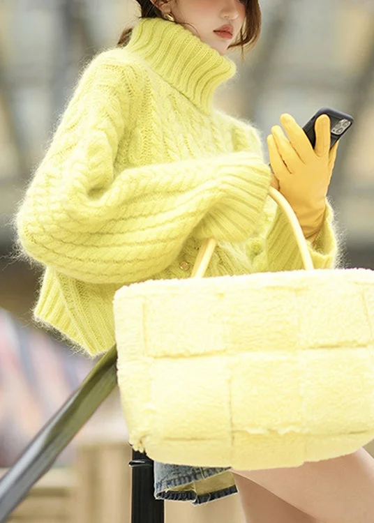 Fashion Yellow Hign Neck Thick Ma Hai Mao Short Knit Sweaters Winter