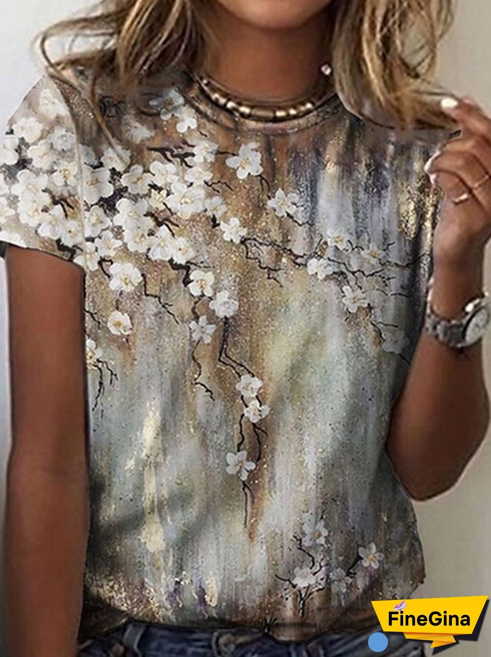 Casual Crew Neck Floral Short Sleeve T-Shirt