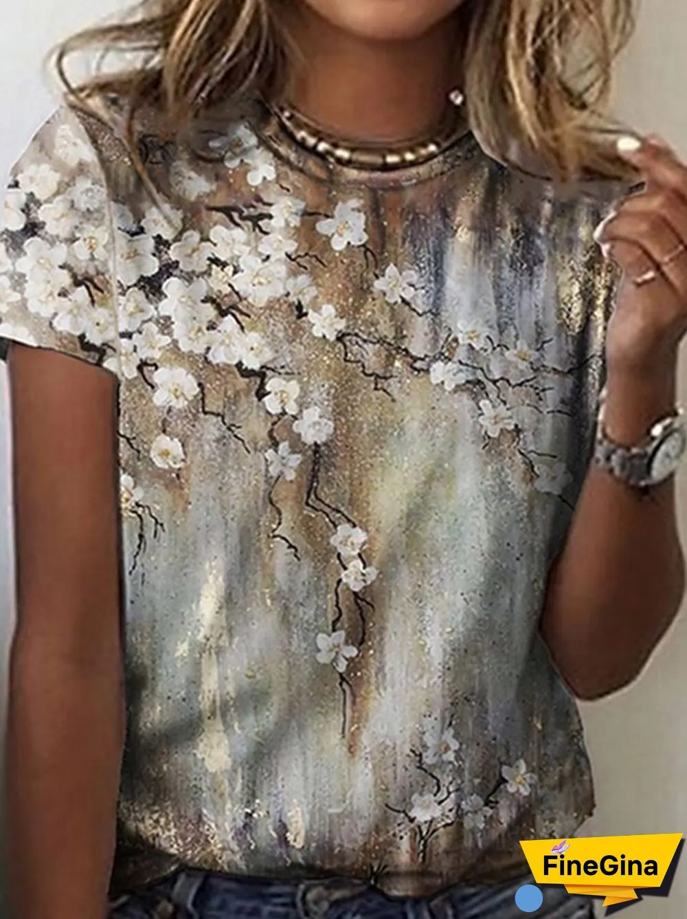 Casual Crew Neck Floral Short Sleeve T-Shirt