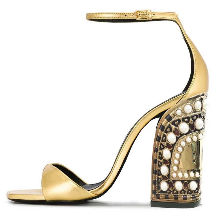 Pearl Gold Chunky Heel Ankle Strap Sandals Vdcoo