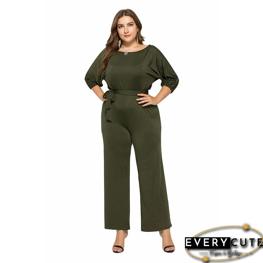 Army Green Off Shoulder Belted Wide Leg Jumpsuit