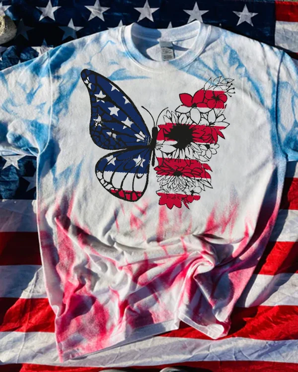 4th of July Floral Butterfly Bleached T-shirt